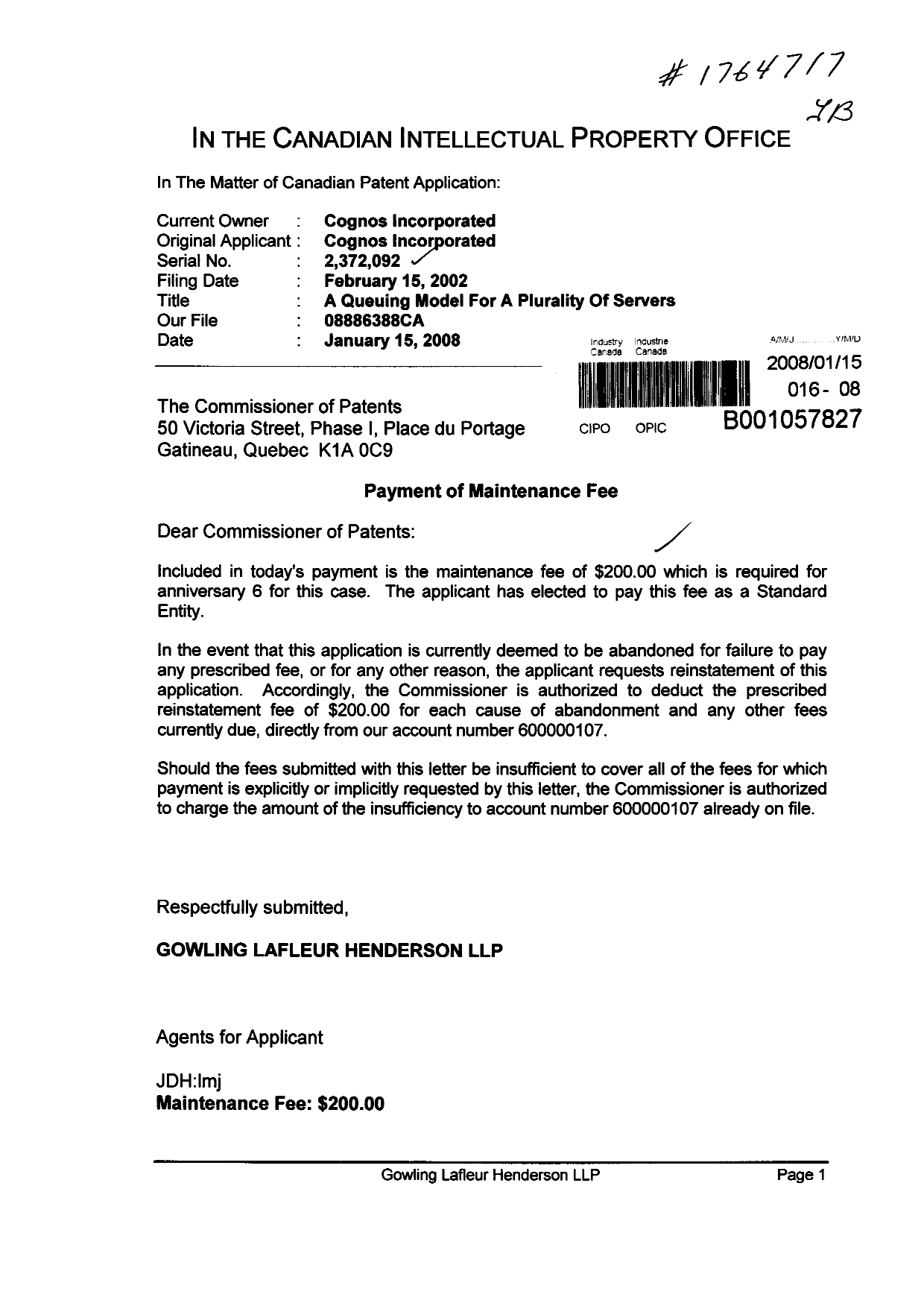 Document de brevet canadien 2372092. Taxes 20080115. Image 1 de 1