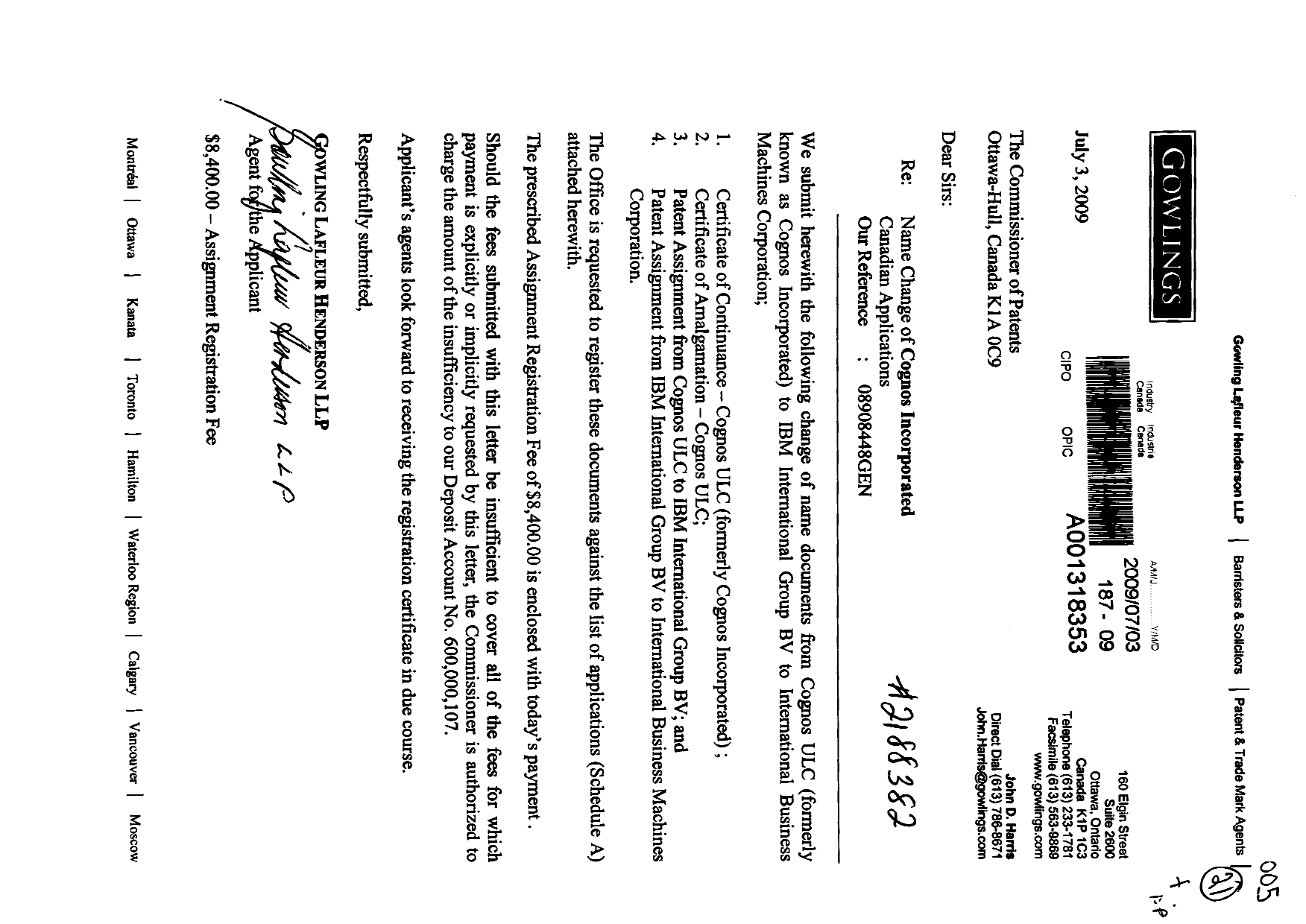 Canadian Patent Document 2372092. Assignment 20090703. Image 1 of 21