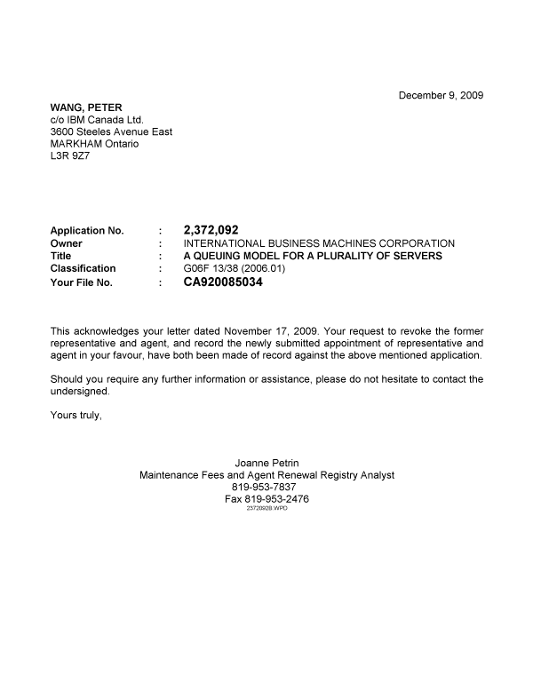Document de brevet canadien 2372092. Correspondance 20091209. Image 1 de 1