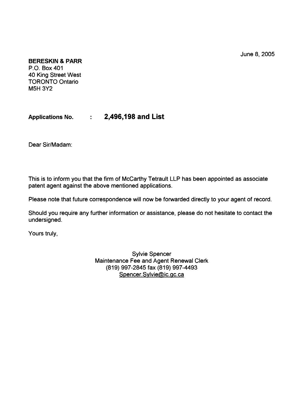 Document de brevet canadien 2372118. Correspondance 20050608. Image 1 de 1