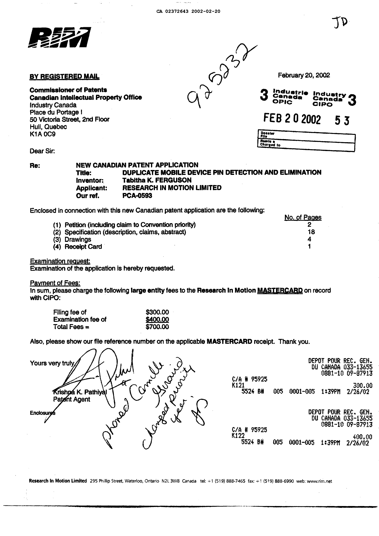 Document de brevet canadien 2372643. Cession 20020220. Image 1 de 3