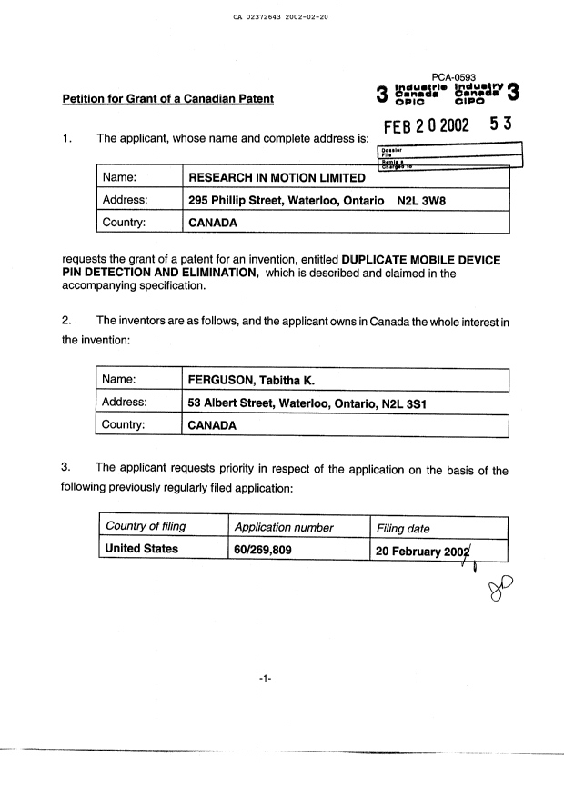 Document de brevet canadien 2372643. Cession 20020220. Image 2 de 3