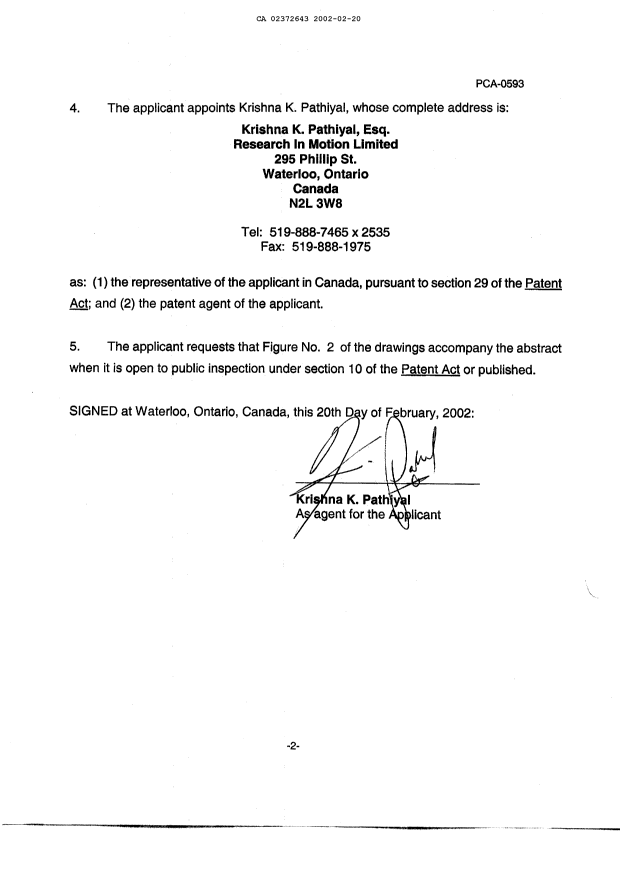 Document de brevet canadien 2372643. Cession 20020220. Image 3 de 3