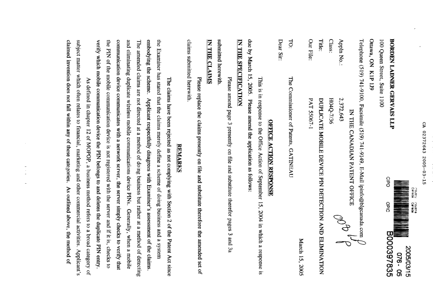 Canadian Patent Document 2372643. Prosecution-Amendment 20050315. Image 1 of 8