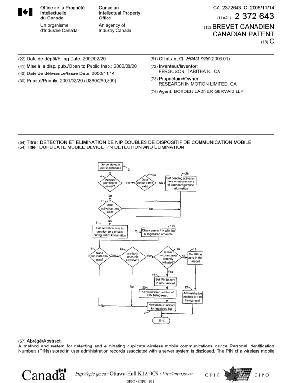 Document de brevet canadien 2372643. Page couverture 20061018. Image 1 de 2