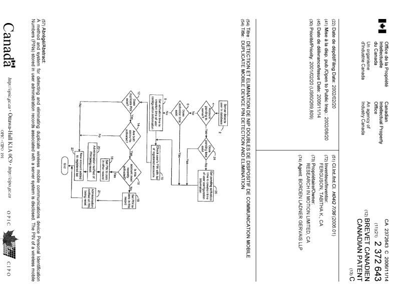 Canadian Patent Document 2372643. Cover Page 20061018. Image 1 of 2