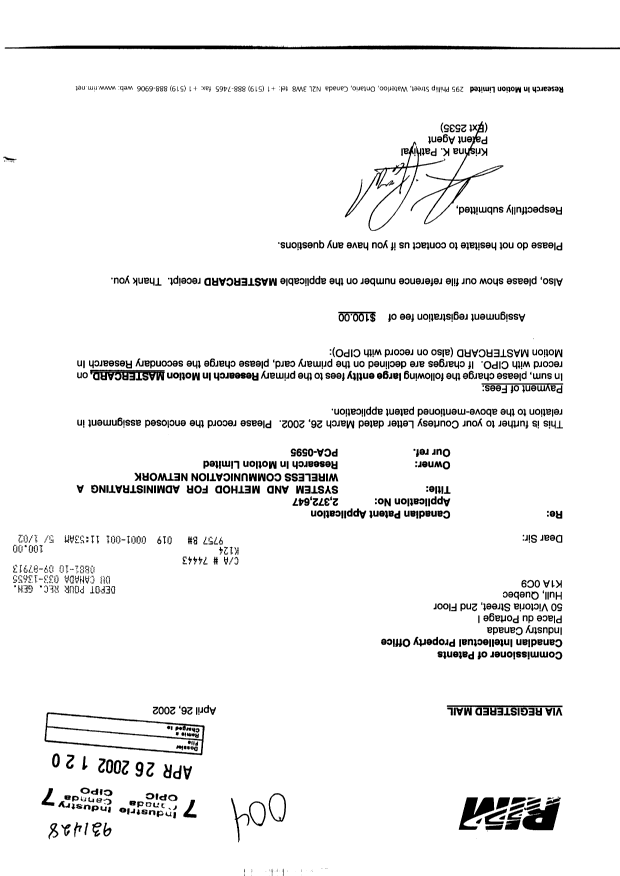 Canadian Patent Document 2372647. Assignment 20020426. Image 1 of 4