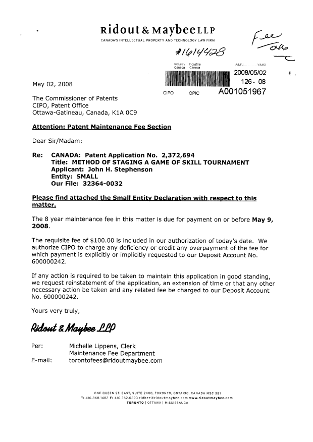 Document de brevet canadien 2372694. Correspondance 20080502. Image 1 de 2