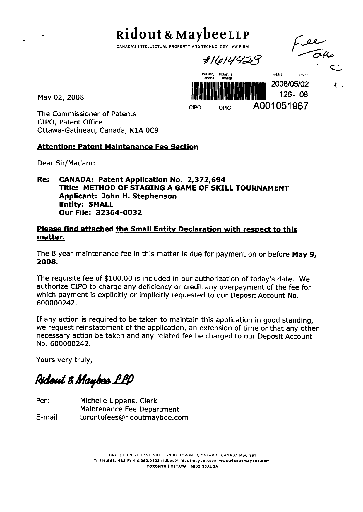 Canadian Patent Document 2372694. Correspondence 20080502. Image 1 of 2