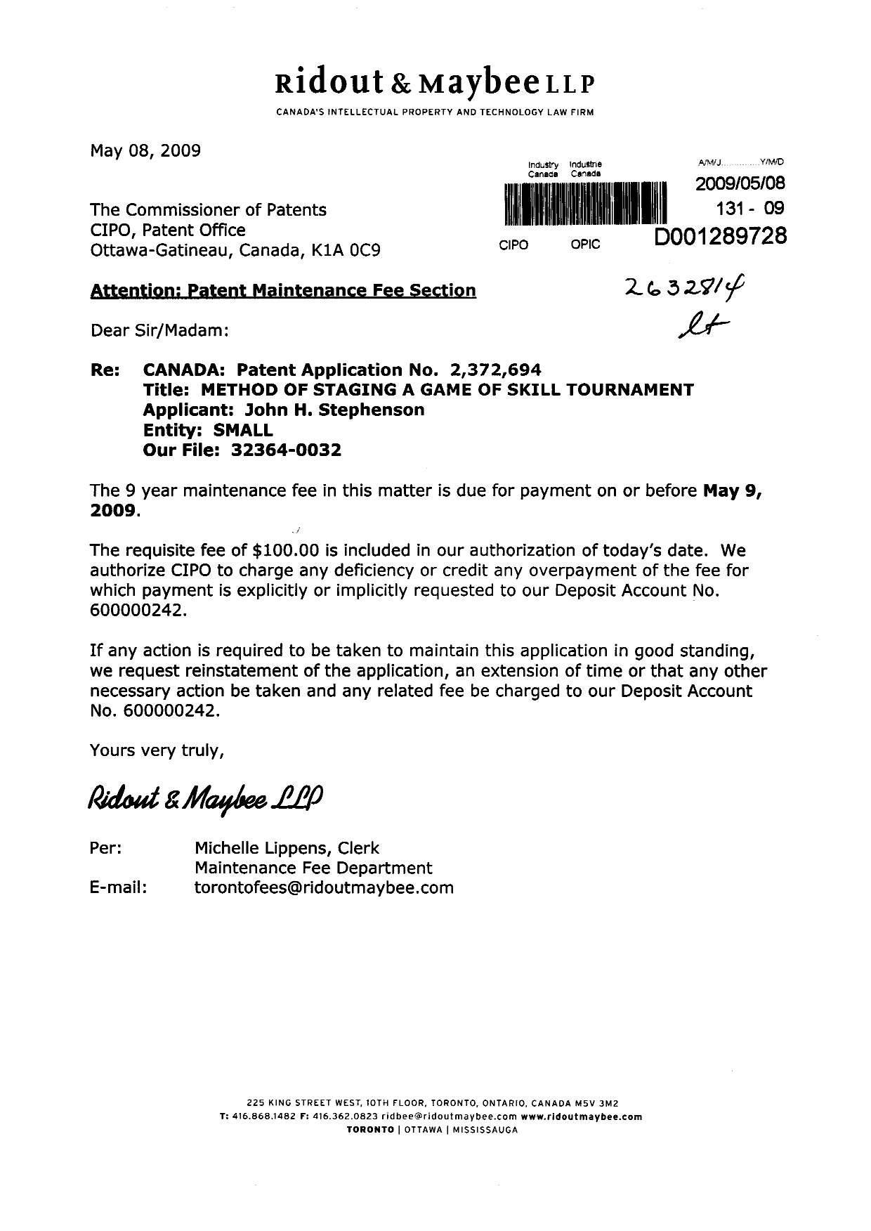 Canadian Patent Document 2372694. Fees 20090508. Image 1 of 1
