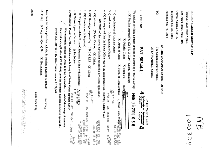 Document de brevet canadien 2372813. Cession 20020306. Image 1 de 4