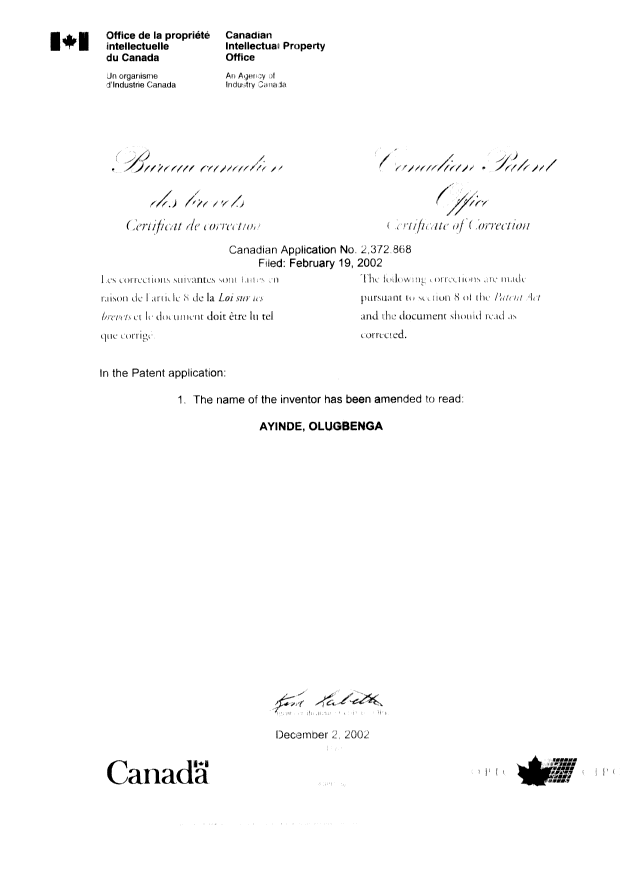 Document de brevet canadien 2372868. Poursuite-Amendment 20021202. Image 2 de 2