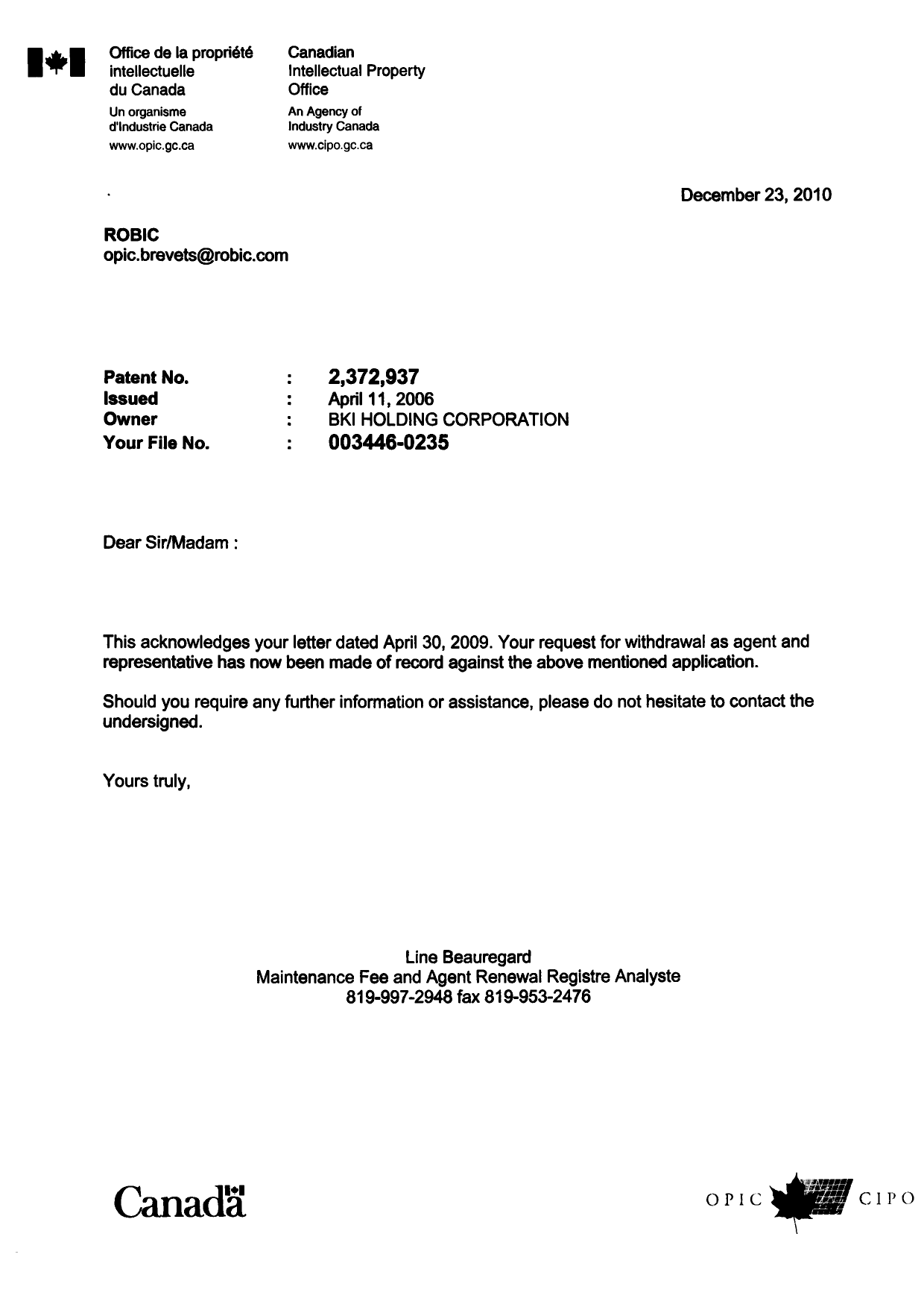 Document de brevet canadien 2372937. Correspondance 20101223. Image 1 de 1