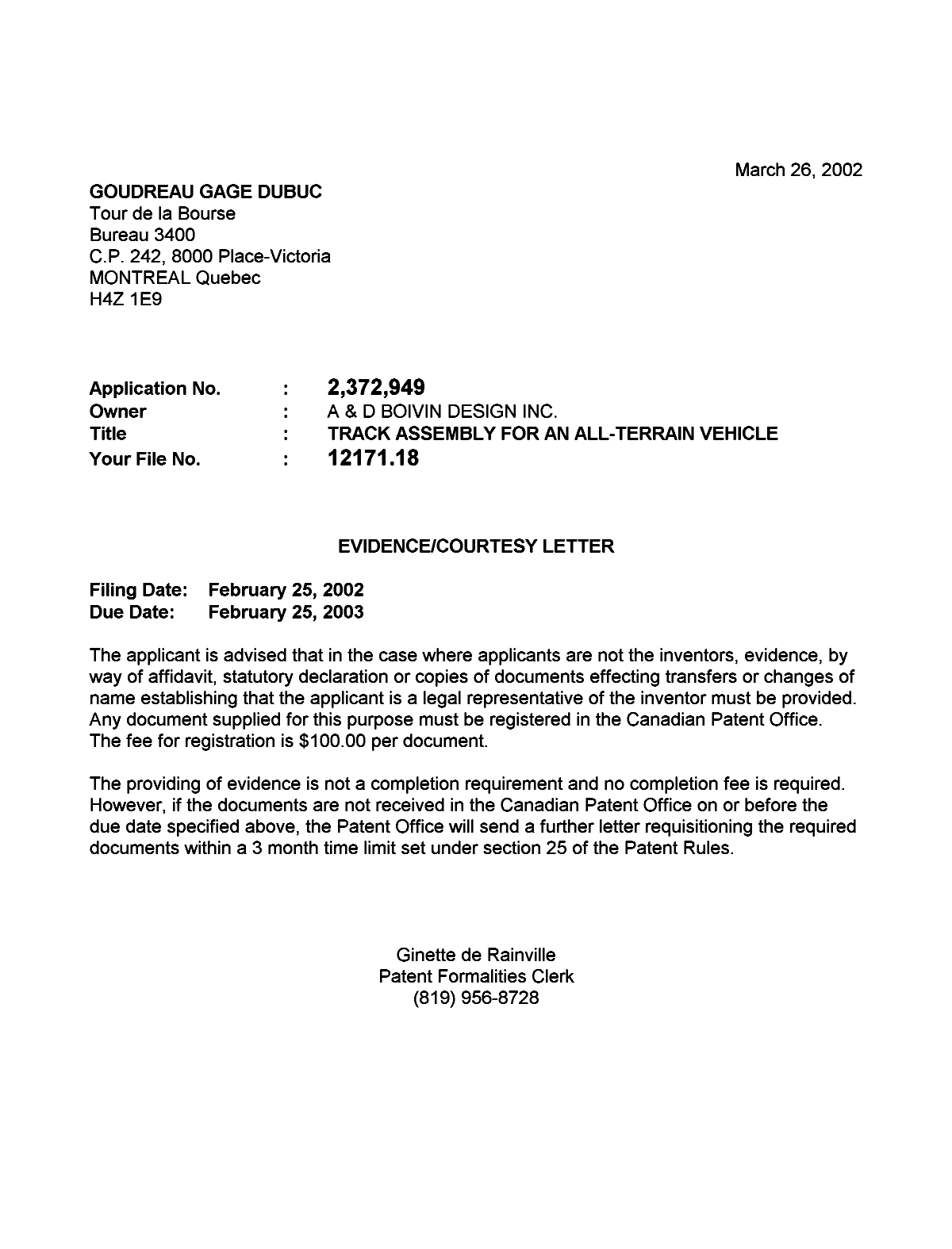 Canadian Patent Document 2372949. Correspondence 20020321. Image 1 of 1