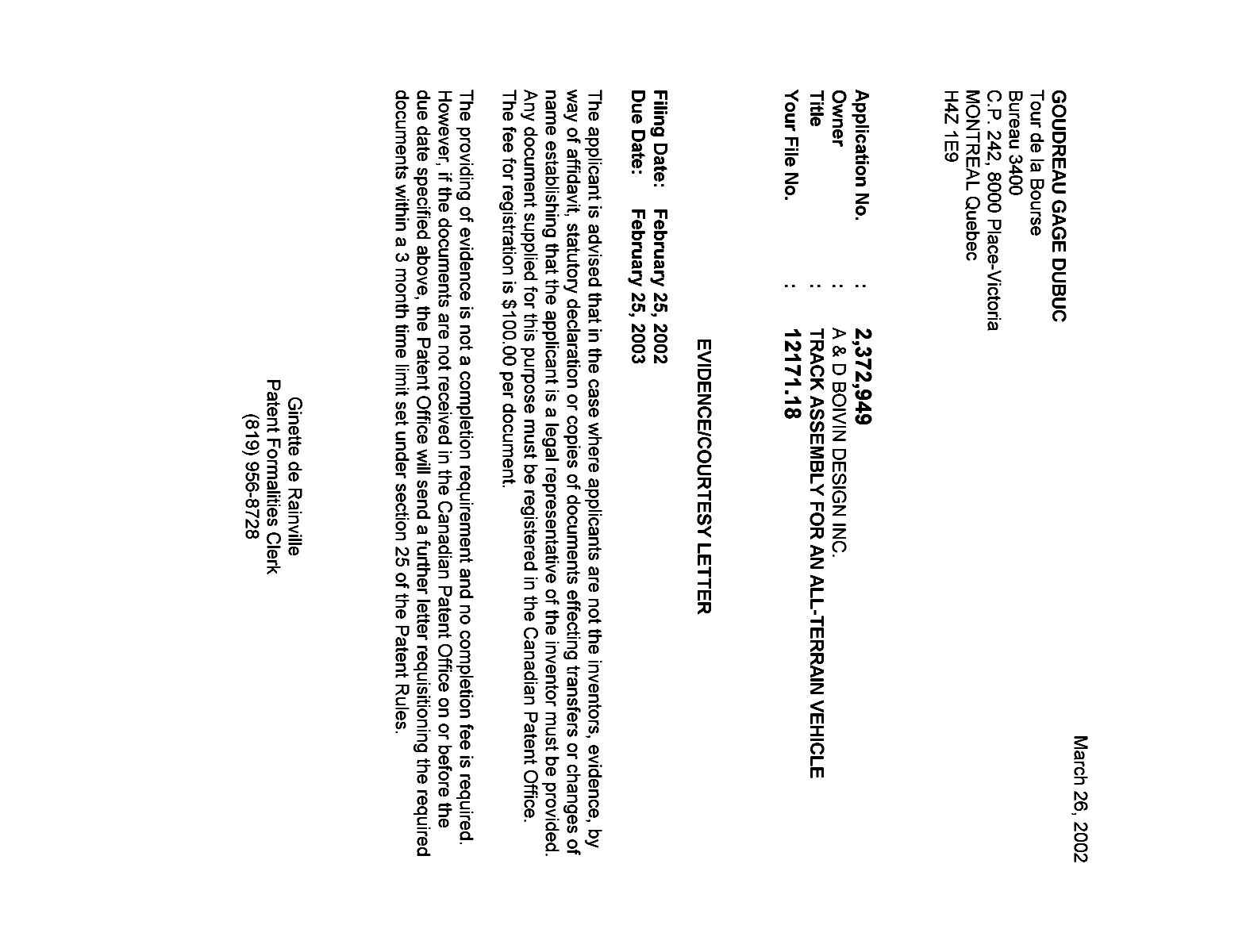 Document de brevet canadien 2372949. Correspondance 20020321. Image 1 de 1