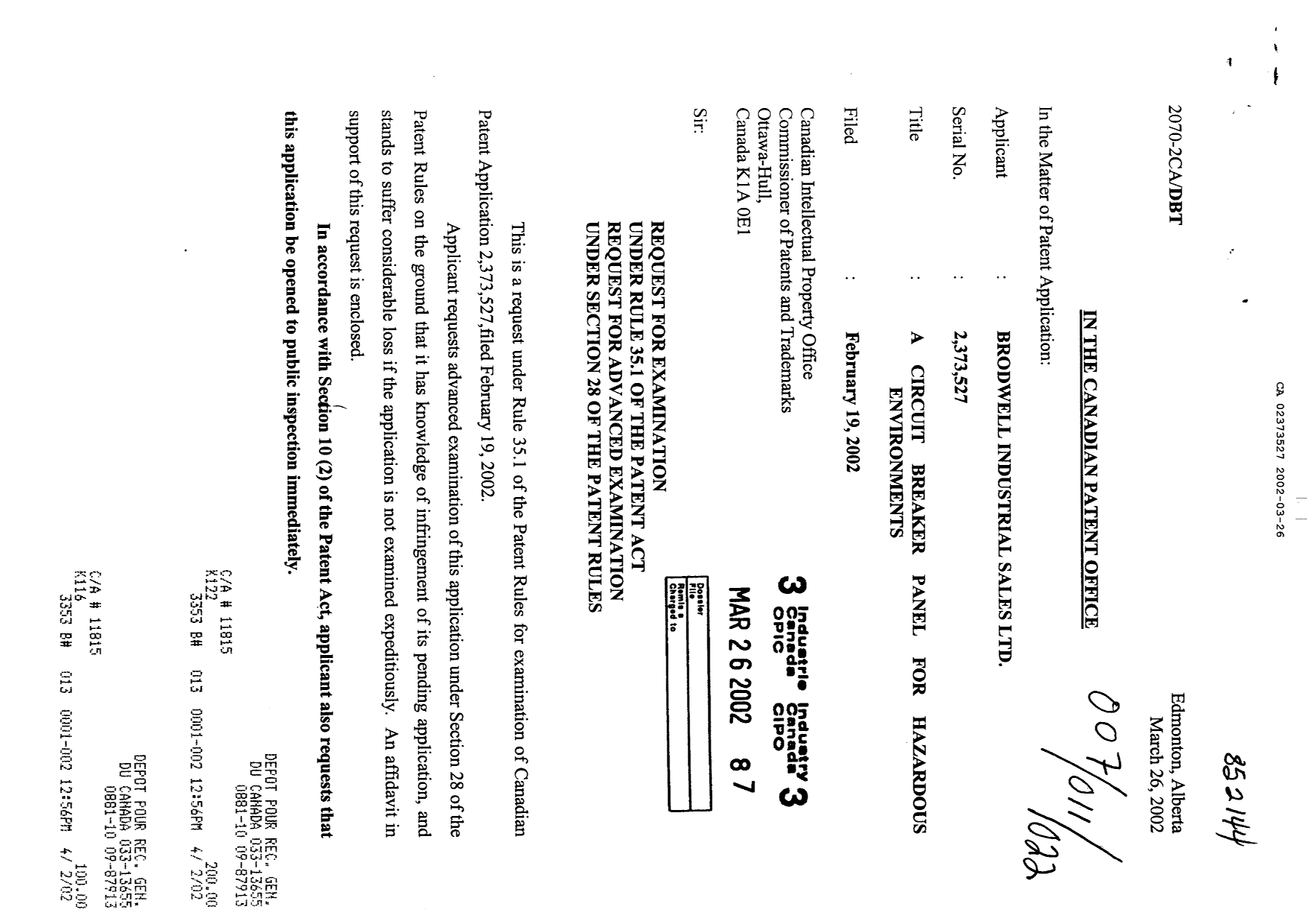 Canadian Patent Document 2373527. Prosecution-Amendment 20020326. Image 1 of 3