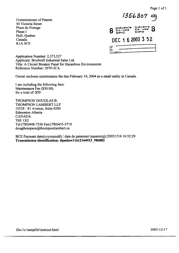 Document de brevet canadien 2373527. Taxes 20031216. Image 1 de 1