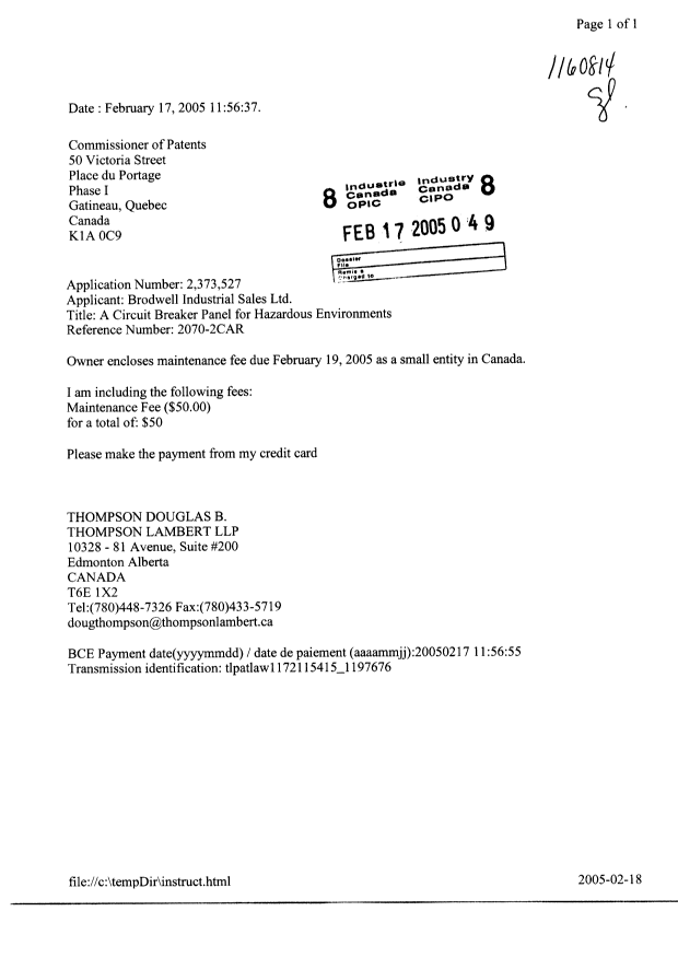 Canadian Patent Document 2373527. Fees 20050217. Image 1 of 1