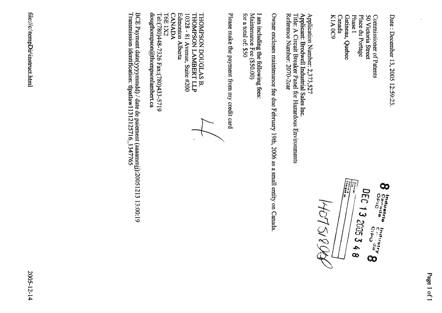 Document de brevet canadien 2373527. Taxes 20051213. Image 1 de 1