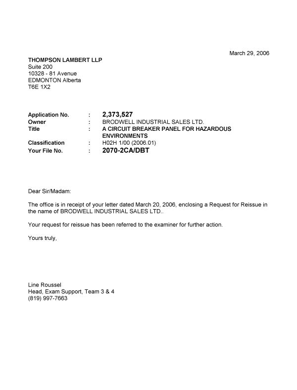 Document de brevet canadien 2373527. Correspondance 20060329. Image 1 de 1