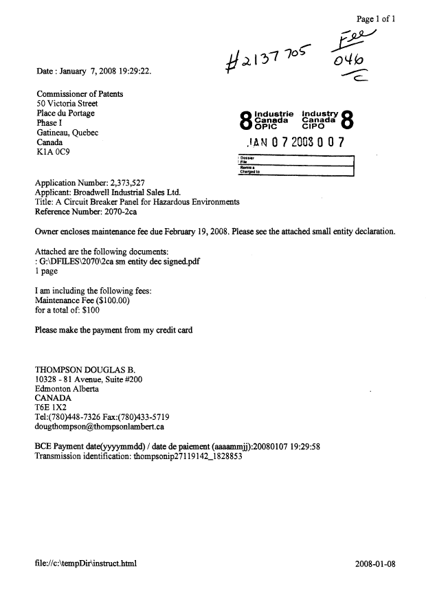Document de brevet canadien 2373527. Correspondance 20080107. Image 1 de 2