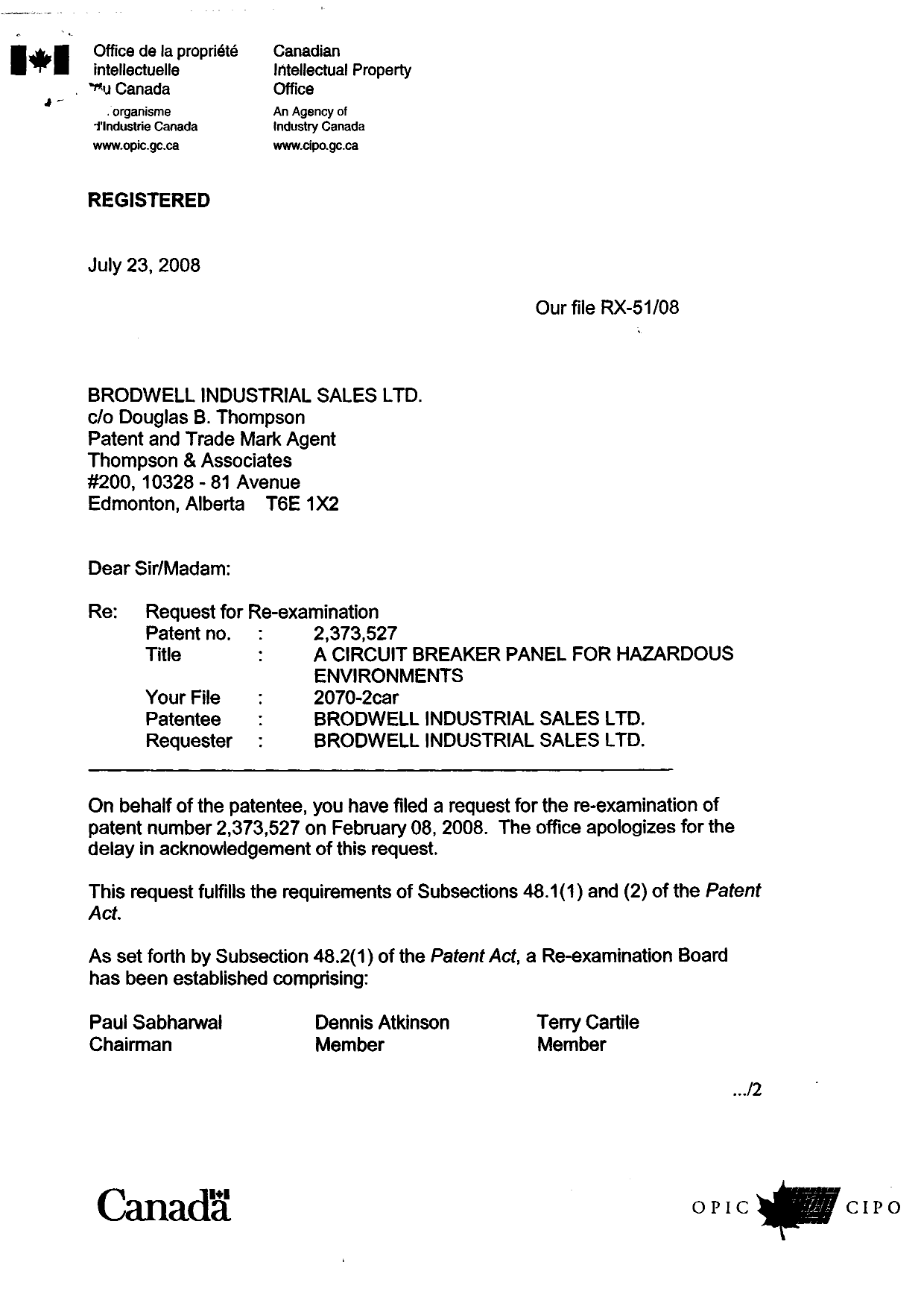 Document de brevet canadien 2373527. Poursuite-Amendment 20080723. Image 1 de 2