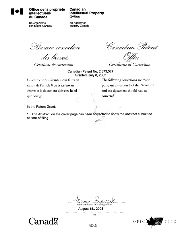 Document de brevet canadien 2373527. Poursuite-Amendment 20080818. Image 2 de 2