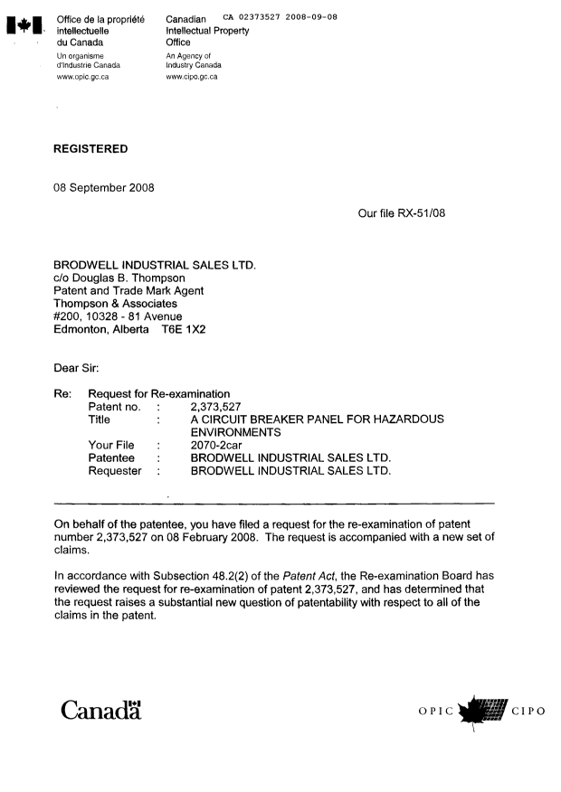 Canadian Patent Document 2373527. Prosecution-Amendment 20080908. Image 1 of 6