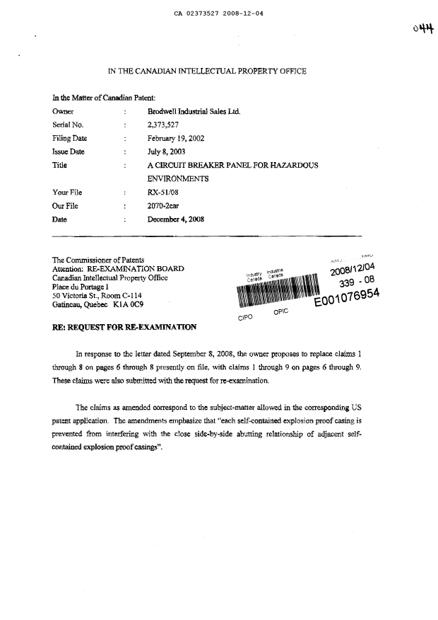 Document de brevet canadien 2373527. Poursuite-Amendment 20081204. Image 1 de 6