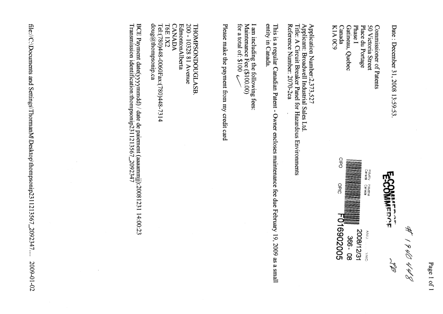 Document de brevet canadien 2373527. Taxes 20081231. Image 1 de 1