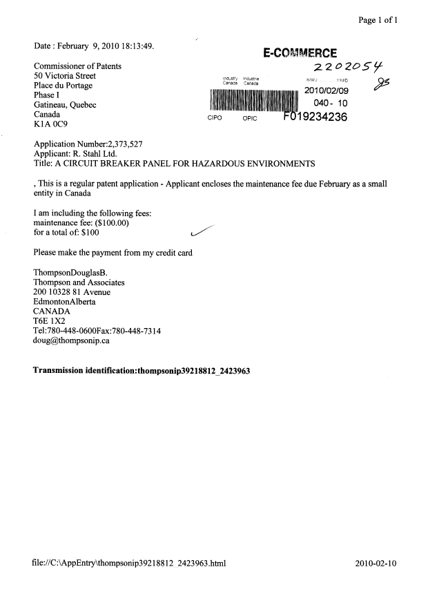 Document de brevet canadien 2373527. Taxes 20100209. Image 1 de 1