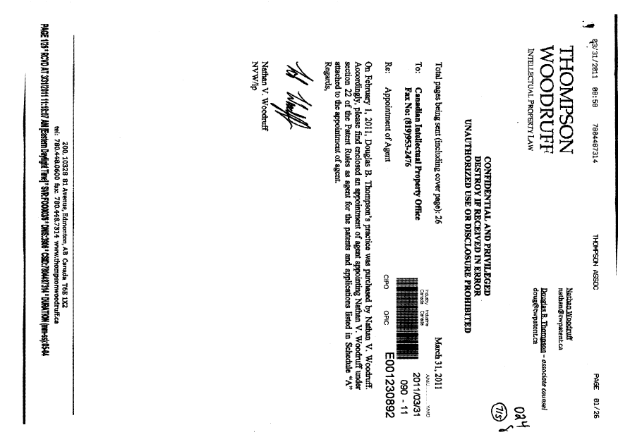 Document de brevet canadien 2373527. Correspondance 20110331. Image 1 de 3