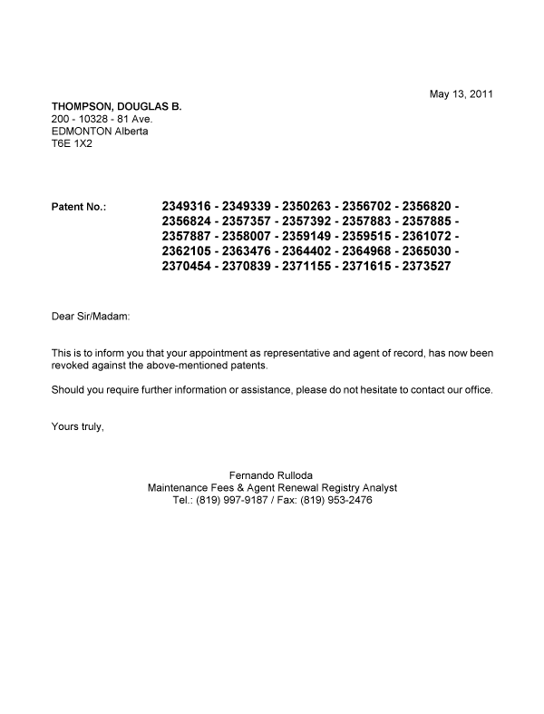 Document de brevet canadien 2373527. Correspondance 20110513. Image 1 de 1