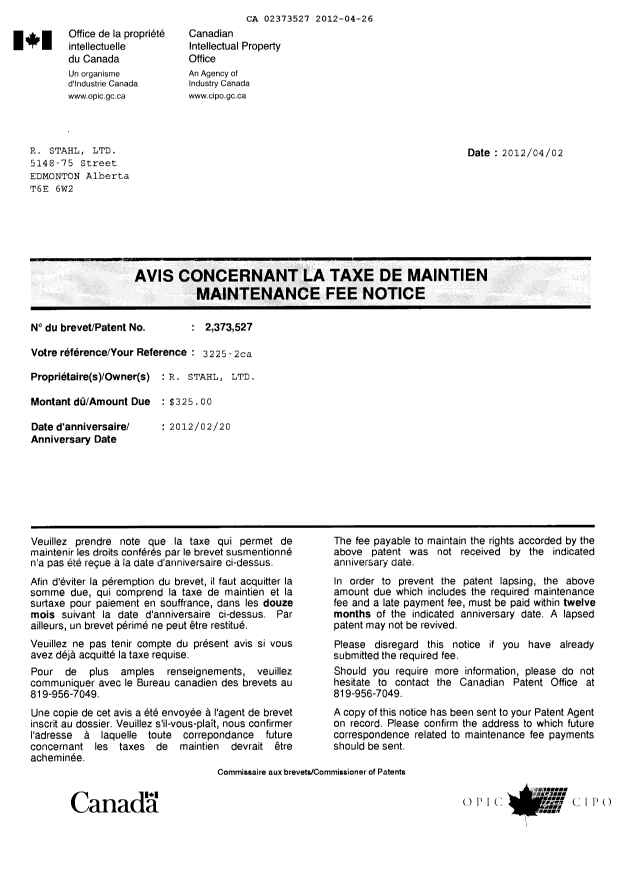 Document de brevet canadien 2373527. Correspondance 20120426. Image 1 de 2