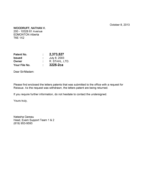 Document de brevet canadien 2373527. Correspondance 20131008. Image 1 de 1
