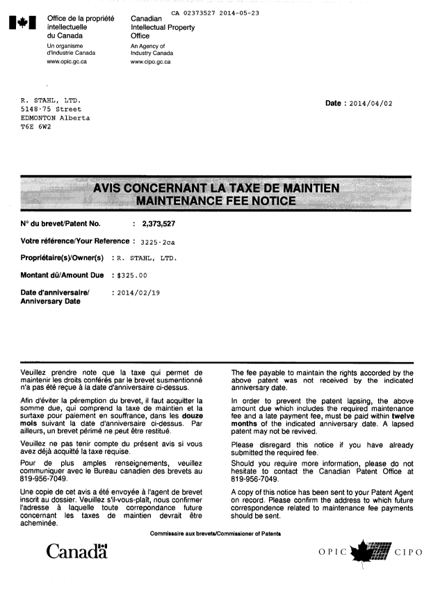 Document de brevet canadien 2373527. Correspondance 20140523. Image 1 de 2