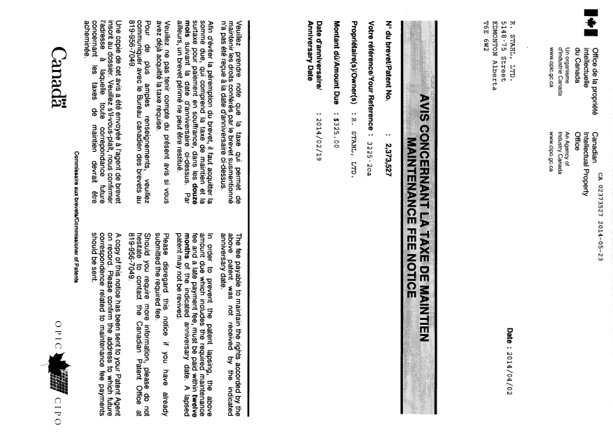 Canadian Patent Document 2373527. Correspondence 20140523. Image 1 of 2