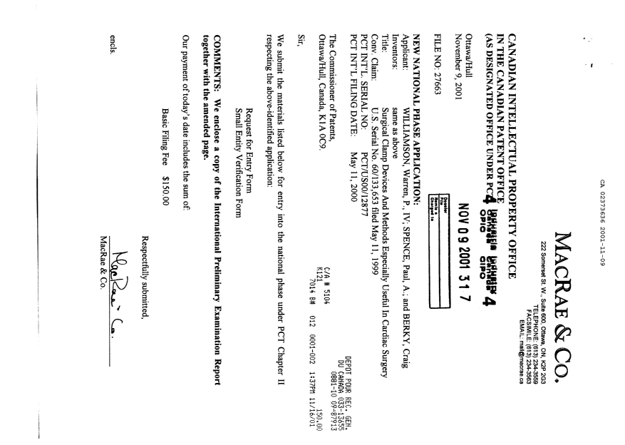 Document de brevet canadien 2373636. Cession 20011109. Image 1 de 4