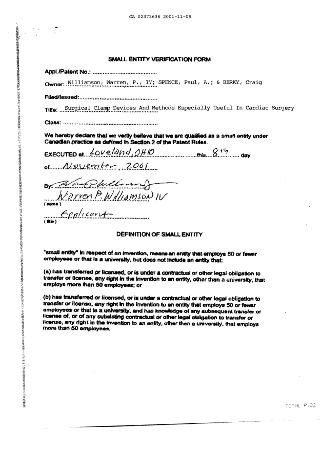 Document de brevet canadien 2373636. Cession 20011109. Image 4 de 4