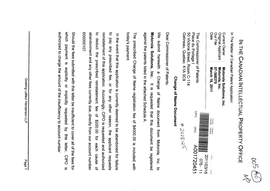 Document de brevet canadien 2373835. Cession 20110316. Image 1 de 11