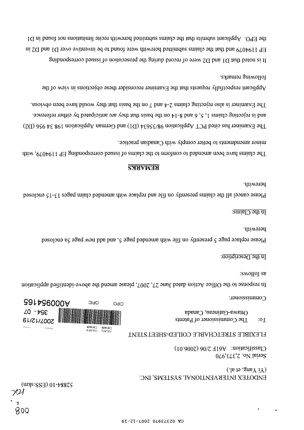 Canadian Patent Document 2373970. Prosecution-Amendment 20071219. Image 1 of 7