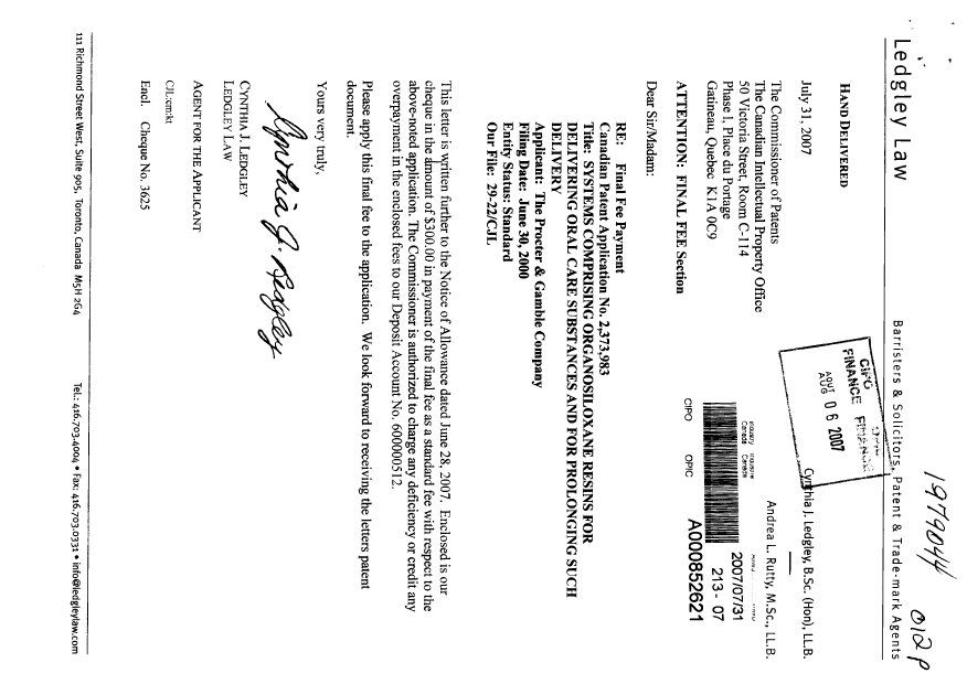 Document de brevet canadien 2373983. Correspondance 20070731. Image 1 de 1