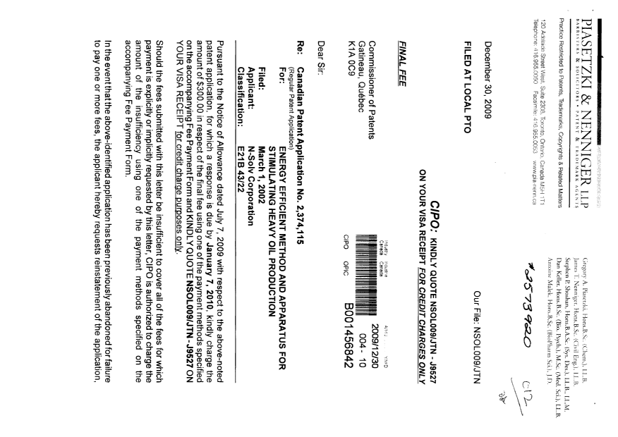 Document de brevet canadien 2374115. Correspondance 20091230. Image 1 de 2