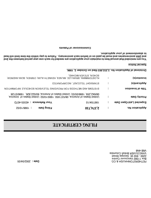 Document de brevet canadien 2374730. Correspondance 20011205. Image 1 de 1