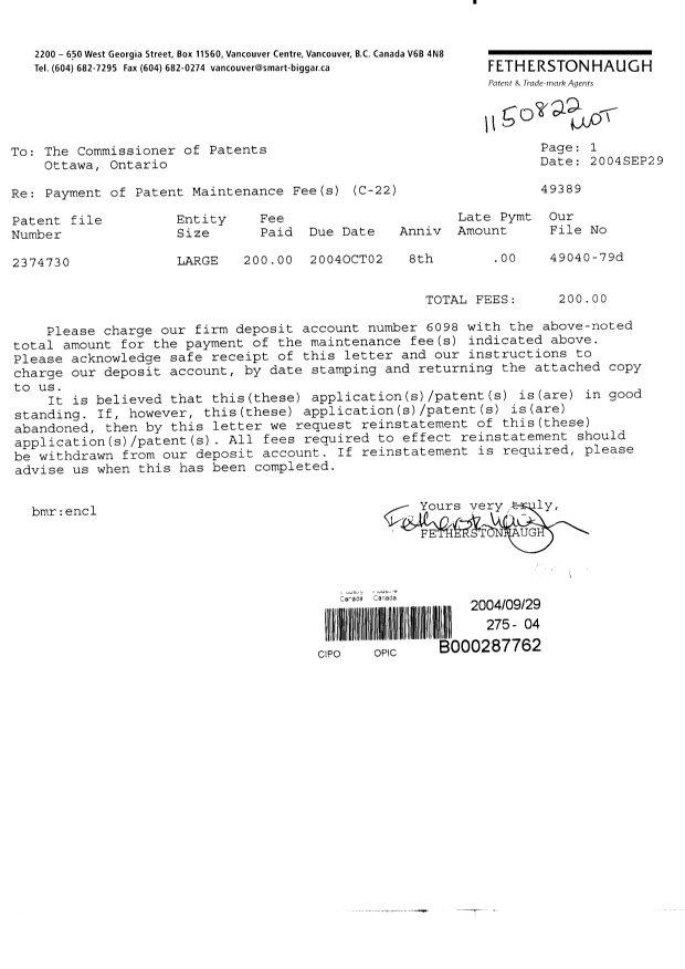 Document de brevet canadien 2374730. Taxes 20040929. Image 1 de 1