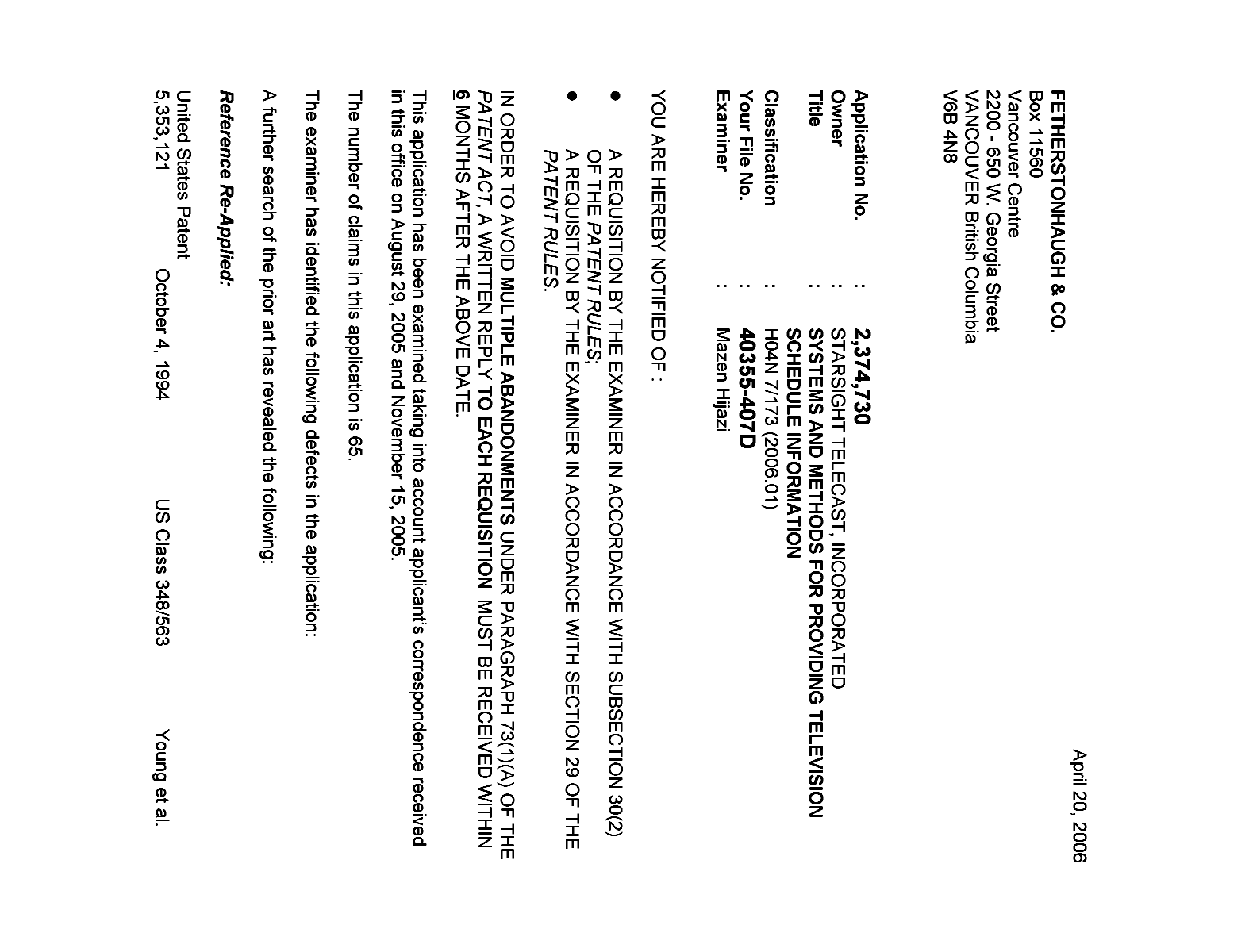 Document de brevet canadien 2374730. Poursuite-Amendment 20051220. Image 1 de 3