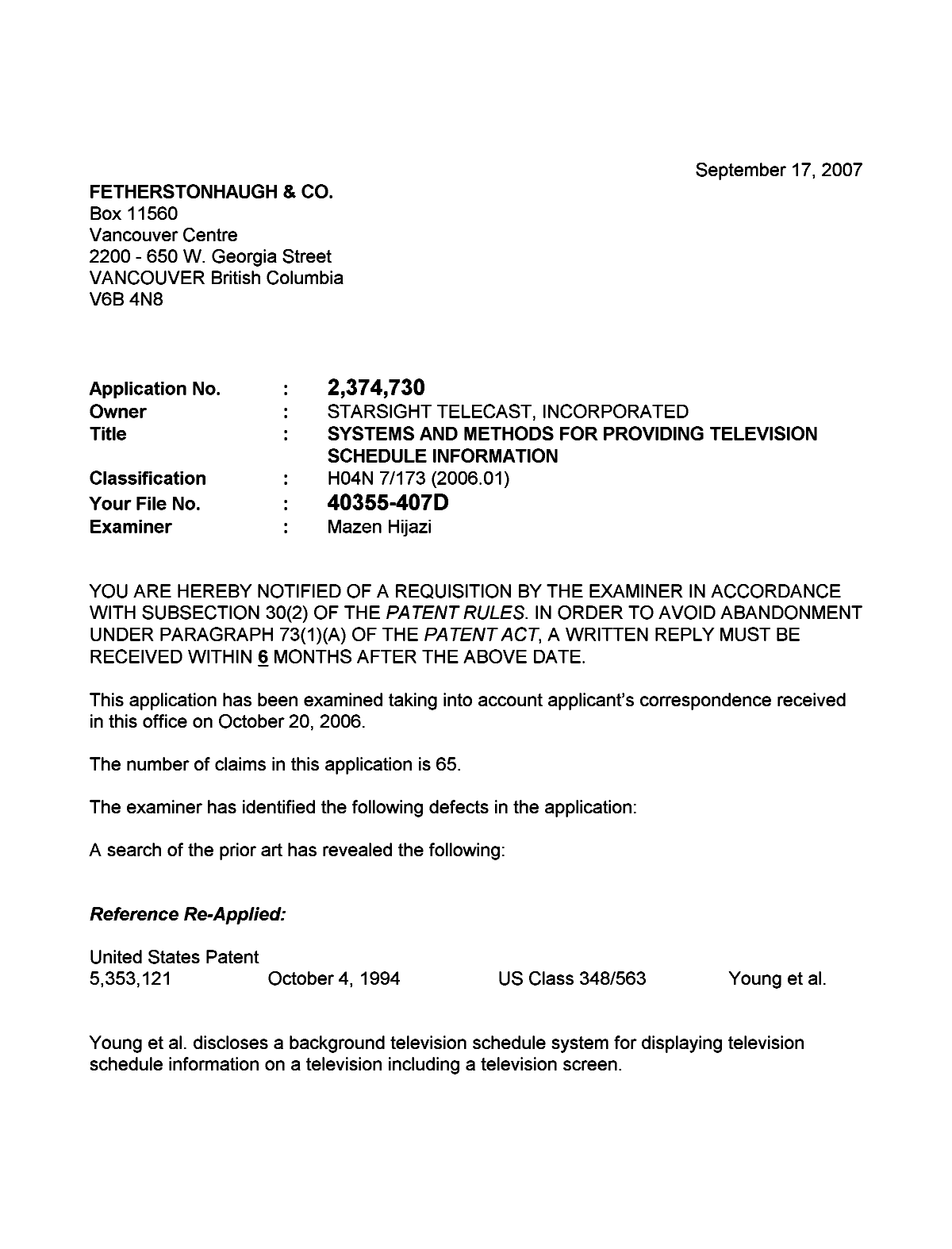 Document de brevet canadien 2374730. Poursuite-Amendment 20070917. Image 1 de 3
