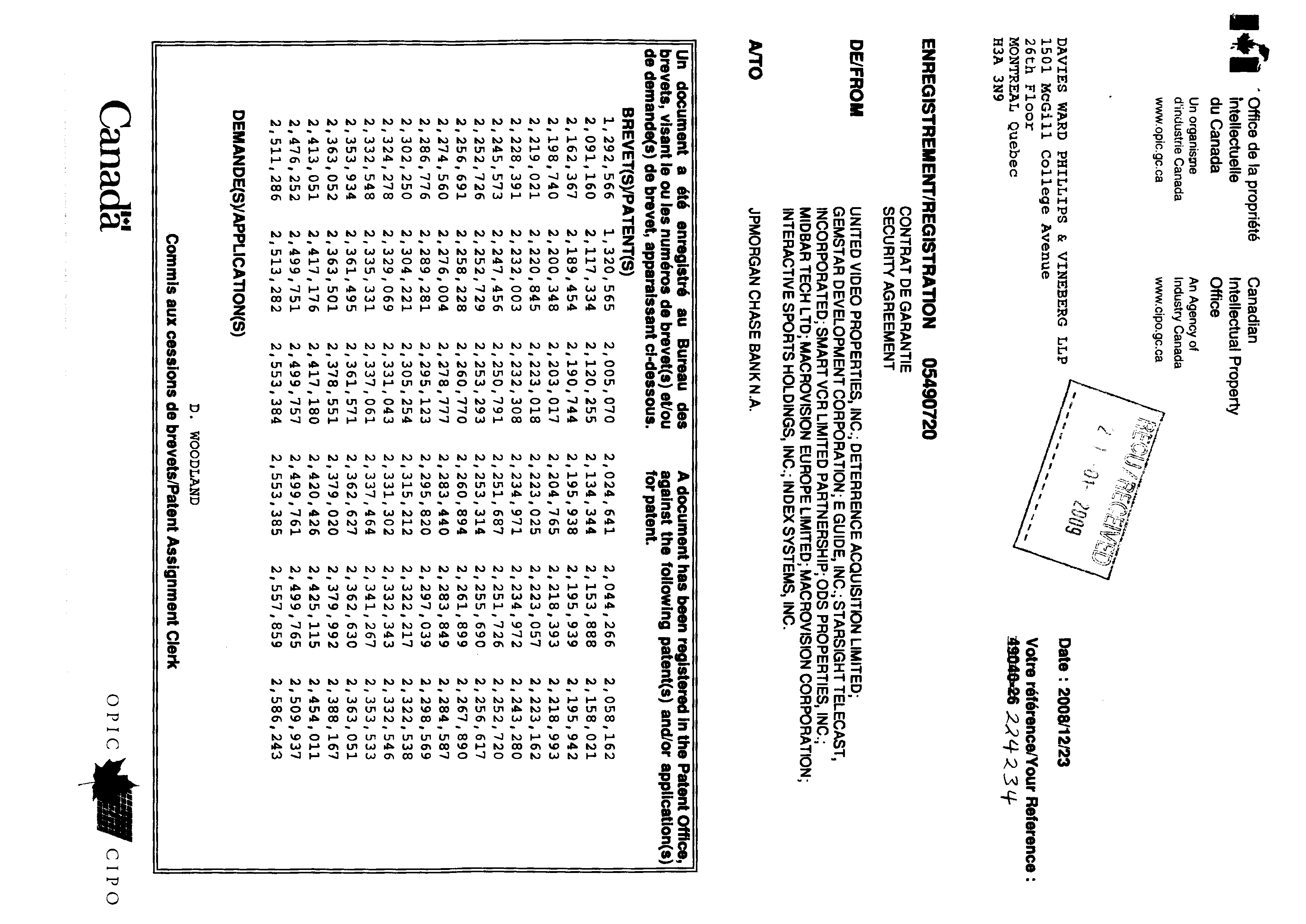Document de brevet canadien 2374730. Cession 20081204. Image 2 de 3