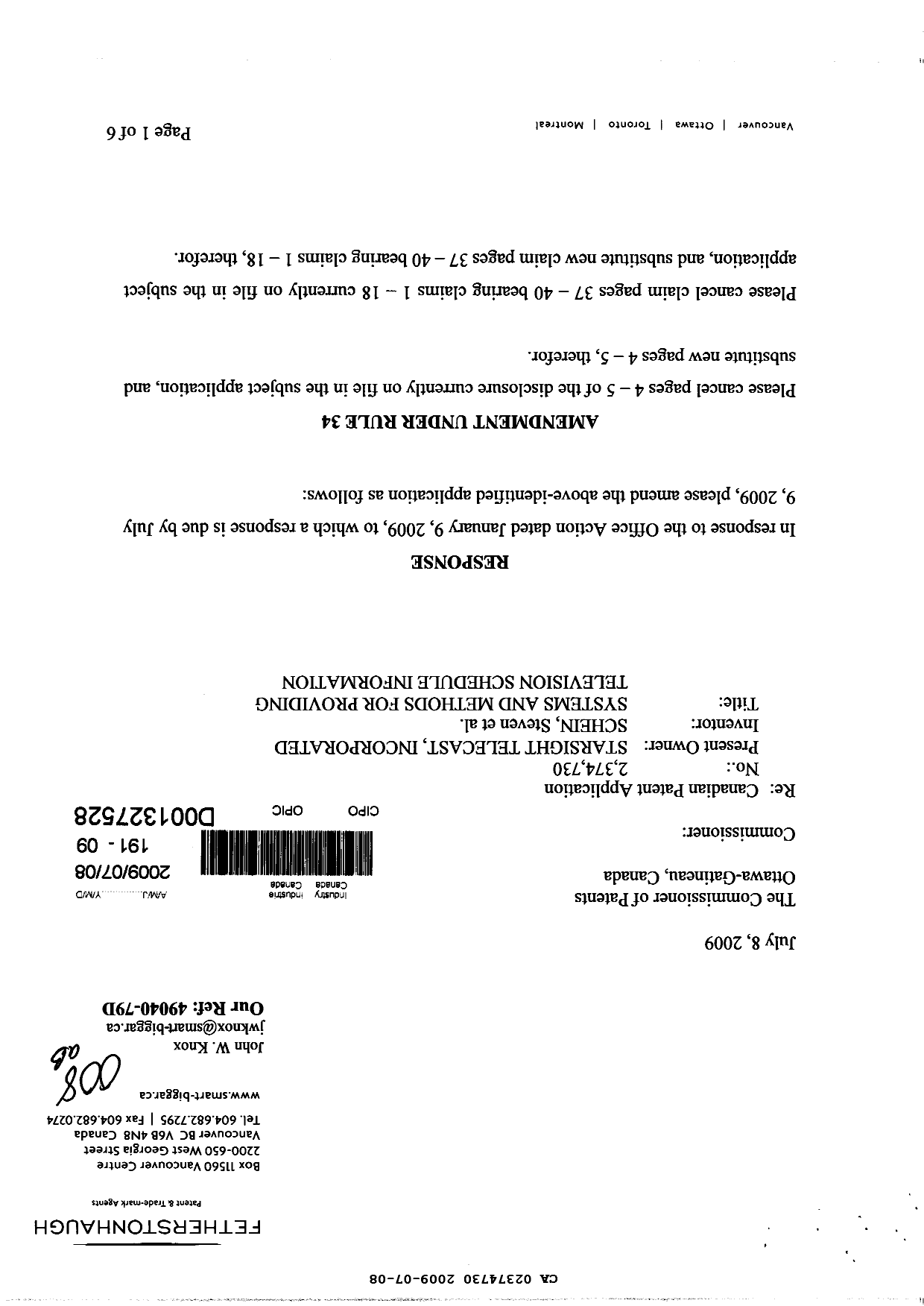 Canadian Patent Document 2374730. Prosecution-Amendment 20081208. Image 1 of 12