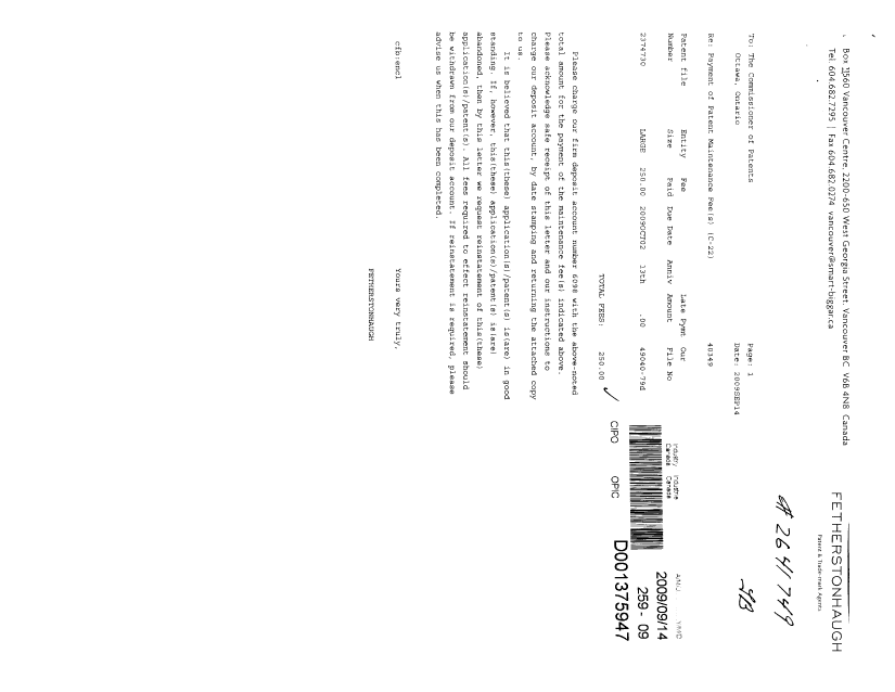 Document de brevet canadien 2374730. Taxes 20090914. Image 1 de 1